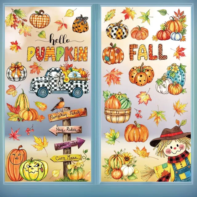 Ultiluxe Raamstickers herfst - Herfstdecoratie ramen - Pompoenen en esdoornbladeren - Thanksgiving raamdecoratie - Stickers voor glas - Verwijderbare herfstversiering - Herfstmotieven voor thuis - Decoratie voor Halloween - Multi - 9 vellen