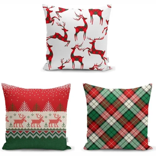 De Groen Home Kussenhoesjes - Kussenhoes velvet set van 3 - 45x45 cm - Kerst rendieren - Christmas - Kussenloop Rood