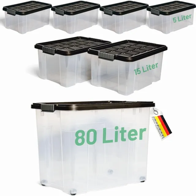 Novatool Novaliv 7-delige set opbergdozen met deksel, antraciet, 1x80 L + 2x 15 L + 4x 5 L, nestbaar, stapelbaar, clipsluiting, roldozen, BPA-vrij