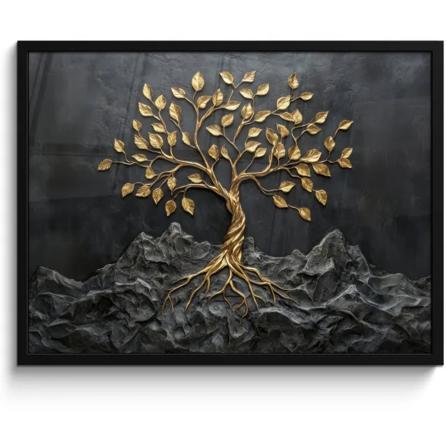 FrameYourWall Poster in lijst - Fotolijst 70x50 cm - Posters - Bladeren - Goud - Boom - Rots - Posterlijst zwart - Decoratie - Wanddecoratie woonkamer - Muurdecoratie slaapkamer