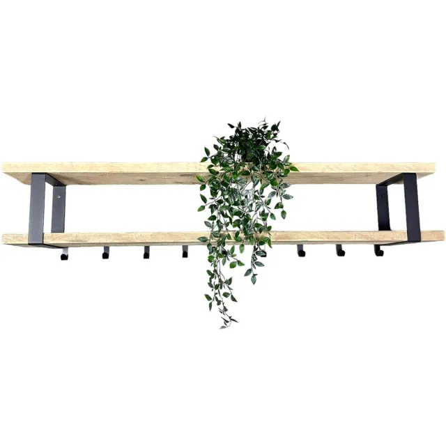 Maison dam Industriële kapstok deluxe – 130cm - 9 haken - hout metaal wandkapstok ophangen jas pet vest hoed Gebruikt steigerhout met mat zwarte vierkante beugels