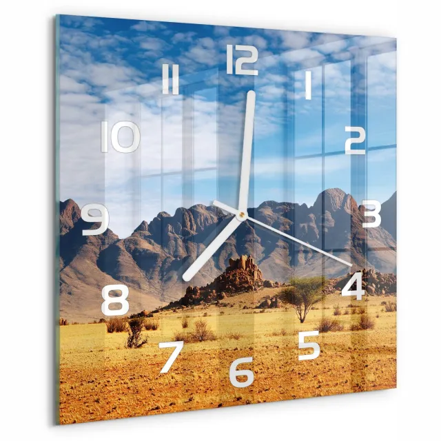 TULUP Wandklok - Rotsen in Namibië Glazen Klok Met Print - 30x30 cm - Oranje Wandklok Glas Met Motief - Witte handen - Vierkante Klok - Wandklok Glas Decoratie - Gekleurde Glazen Klok