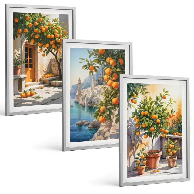 Coloray 3-Delige Schilderij Set - Geschilderde Citrusvruchten En Kustlandschappen - 40 x 60 cm - Wanddecoratie - Schilderijen Set - Kantoor - Moderne Wanddecoratie Zilveren lijst