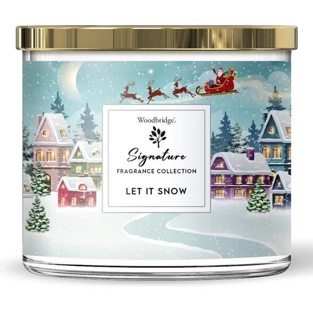 Woodbridge Luxe Geurkaars Kerst Met 3 lonten LET IT SNOW - citroen ceder kaneel kruidnagel Goud Lichtblauw Rood