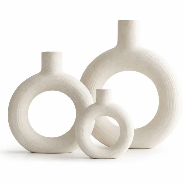 LUXALIVING Keramische Donut Vazen Set van 3 – Beige – Scandinavische Woondecoratie – Moderne Ronde Vazen
