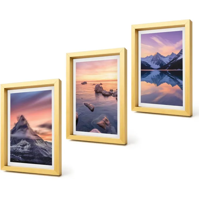Coloray 4-Delige Schilderij Set - Landschappen, bergen, meren en zonsondergang - 20 x 30 cm - Wanddecoratie - Schilderijen Set - Kantoor - Decoratieve Schilderijen Gouden lijst