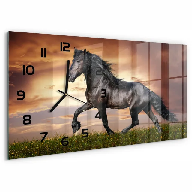 TULUP Wandklok - Paard Wandklok Glas Decoratie - 60x30 cm - Bruin Gekleurde Glazen Klok - Zwarte handen - Rechthoekige Klok - Klok Glas Met Opdruk - Moderne Wandklok Glas