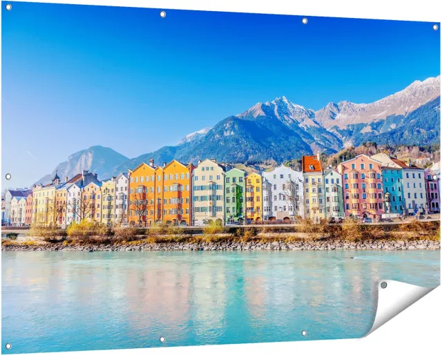 Gards Tuinposter Gekleurde Huisjes in Innsbruck, Oostenrijk - 150x100 cm - Tuindoek - Tuindecoratie - Wanddecoratie buiten - Tuinschilderij Multikleur
