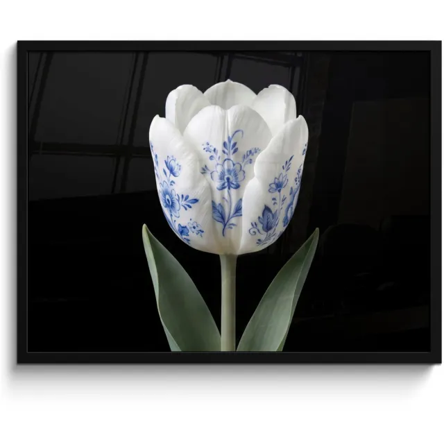 FrameYourWall Poster in lijst - Fotolijst 70x50 cm - Posters - Tulp - Patroon - Blauw - Posterlijst zwart - Decoratie - Wanddecoratie woonkamer - Muurdecoratie slaapkamer
