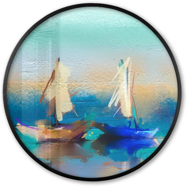 FrameYourWall Poster in lijst Rond - Fotolijst 60x60 cm - Posters - Schilderij - Olieverf - Boot - Abstract - Ronde posterlijst zwart - Decoratie - Wanddecoratie woonkamer - Muurdecoratie slaapkamer Multicolor