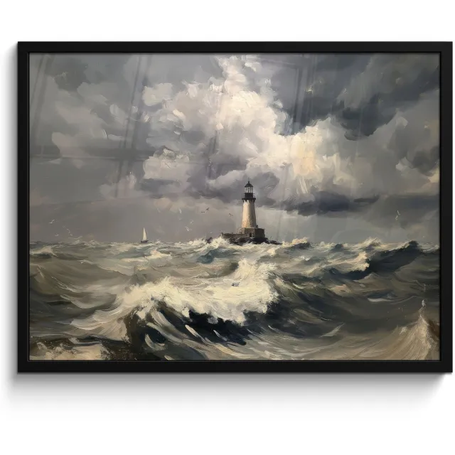 FrameYourWall Poster in lijst - Fotolijst 70x50 cm - Posters - Vuurtoren - Golven - Storm - Posterlijst zwart - Decoratie - Wanddecoratie woonkamer - Muurdecoratie slaapkamer