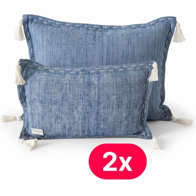 Yoshiko Home Celala Sierkussen met kwastjes - 2 stuks - Blauw/Wit - 30x50cm - Tuin - Woonkamer - Inclusief Kussenvulling Blauw/ Zwart