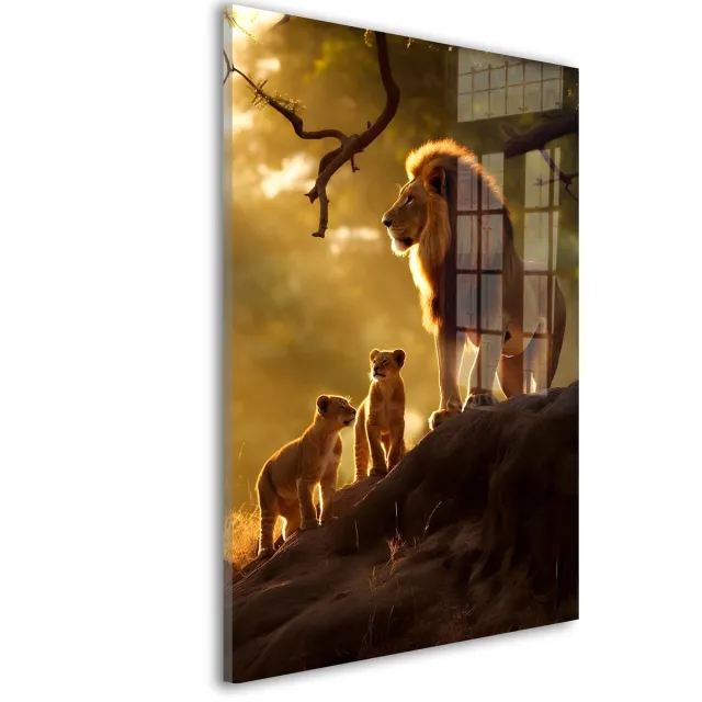 De Online Drukwinkel Glasschilderij Koning van morgen - 30 x 20 cm - Leeuw - Dieren - Acrylaat - Inclusief wandbevestiging - Foto op plexiglas - Wanddecoratie woonkamer Goud