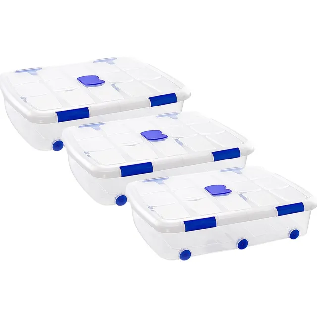 PLASTICFORTE Opslagbox - 3x stuks - met deksel - 56L - 80 x 60 x 18 cm - transparant - opbergbak - met wielen