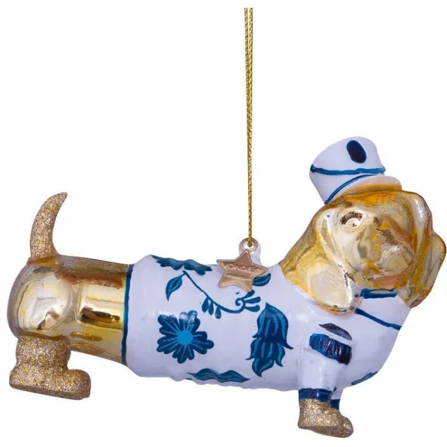 Vondels kerstornament glas goud/Delfts blauw hond H9cm