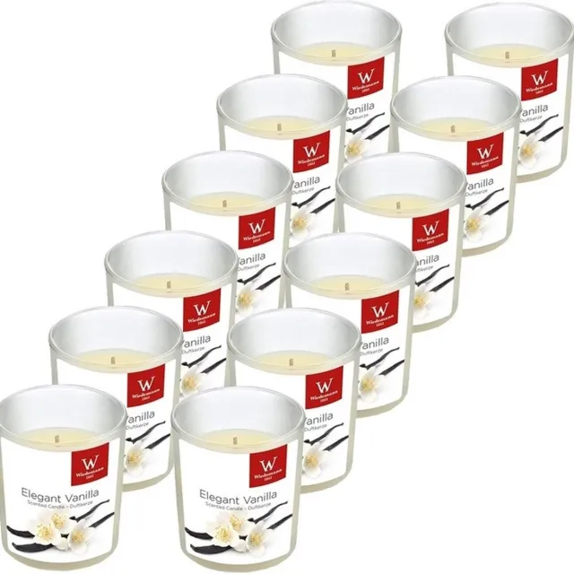Trend Candles Geurkaars - 12x - in glas - Vanille aroma - 25 branduren - 7 x 8 cm - woondecoratie - kaarsen Wit