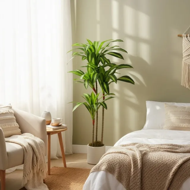 REDOM Kunstplant Dracaena - Buigzame stammen - PEVA bladeren - Witte PP bloempot met cementgewicht - Voor binnen - Kunststof - Groen - 60 x 40 x 120 cm