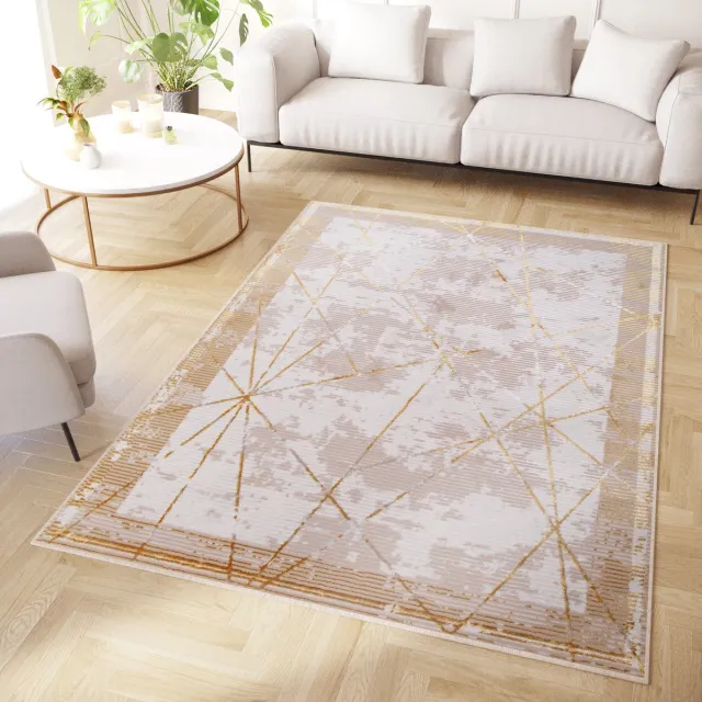 Tapiso Crystal Vloerkleed Beige Laagpolig Lijnen Modern Tapijt Maat- 120x170 Goudkleur 2