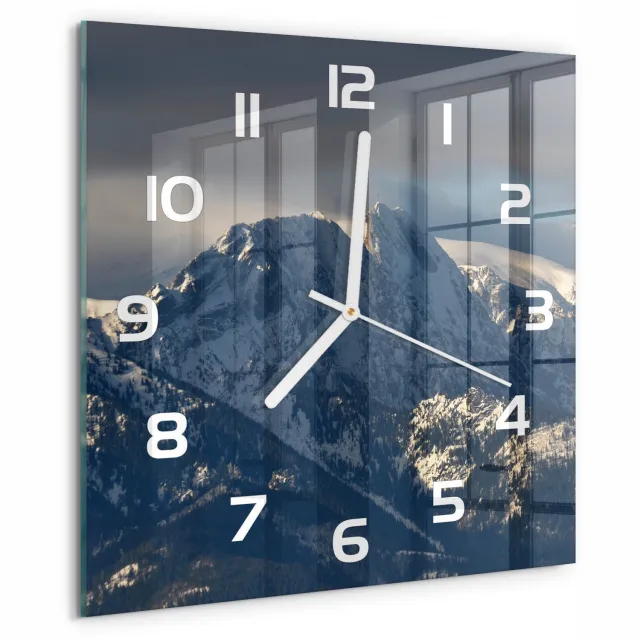 TULUP Wandklok - Giewont in de winter Klok Glas Met Opdruk - 30x30 cm - Grijs Moderne Wandklok Glas - Witte handen - Vierkante Klok - Decoratieve Glazen Klok - Glazen Wandklok Design