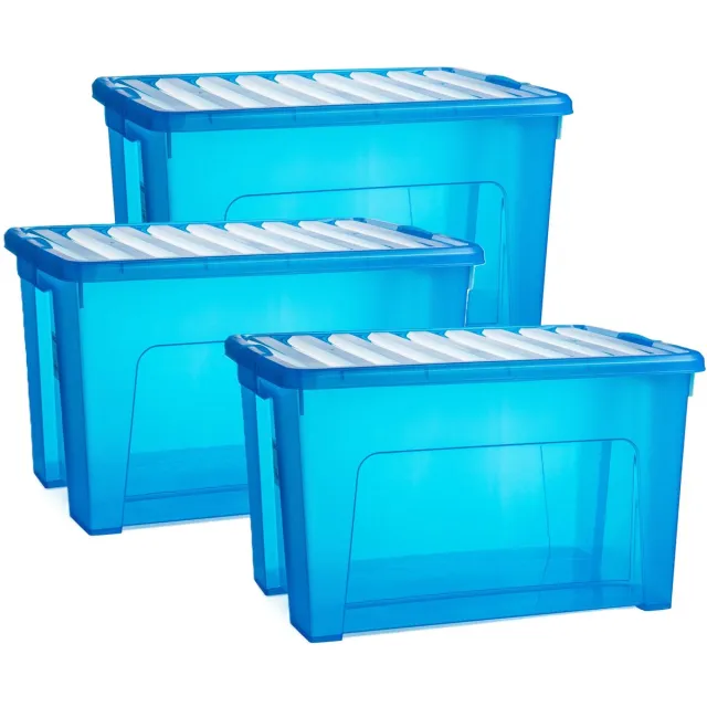 PLASTICFORTE Opslagbox - 3x - met deksel - transparant blauw - 47 liter - 54 x 38 x 32 cm - kunststof - opbergdoos - opbergen