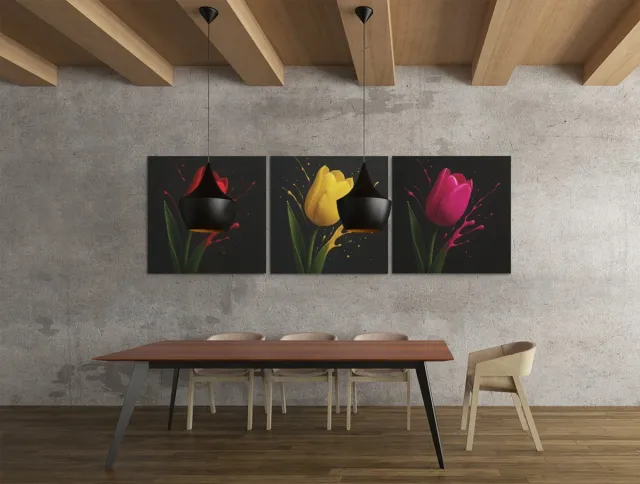 Trendex Global Drieluik Canvas Schilderij Tulpen in Kleur – Moderne Bloemendecoratie - 3x60x60 cm Kleurrijk