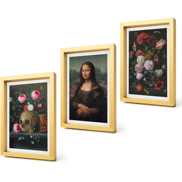 Coloray 4-Delige Schilderij Set - Vintage bloemen, schedel en Mona Lisa-portret van Leonardo Da Vinci - 20 x 30 cm - Decoratieve Muurdecoratie - Slaapkamer - Decoratieve Schilderijen Gouden lijst