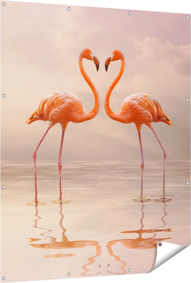 Gards Tuinposter Twee Flamingo's in een Hartjes Vorm - 120x150 cm - Tuindoek - Tuindecoratie - Wanddecoratie buiten - Tuinschilderij Multikleur