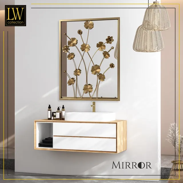 LW collection wandspiegel goud rechthoek 61x70 cm metaal - grote spiegel muur - industrieel - woonkamer gang - badkamerspiegel - muurspiegel slaapkamer gouden rand - hangspiegel met luxe design met bloemen