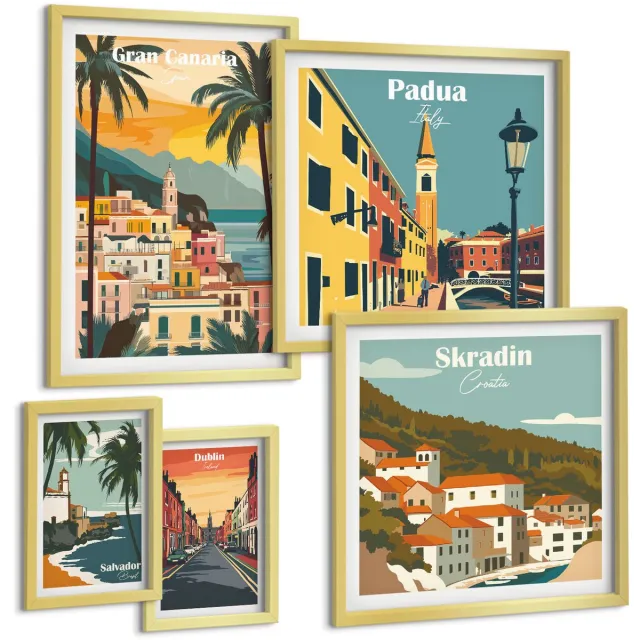 TULUP 5-Delige Schilderij Set - Europese stadsgezichten en pittoreske uitzichten - 50 x 50 cm, 20 x 30 cm en 40 x 60 cm - Decoratieve Muurdecoratie - Slaapkamer - Wanddecoratie Gouden lijst
