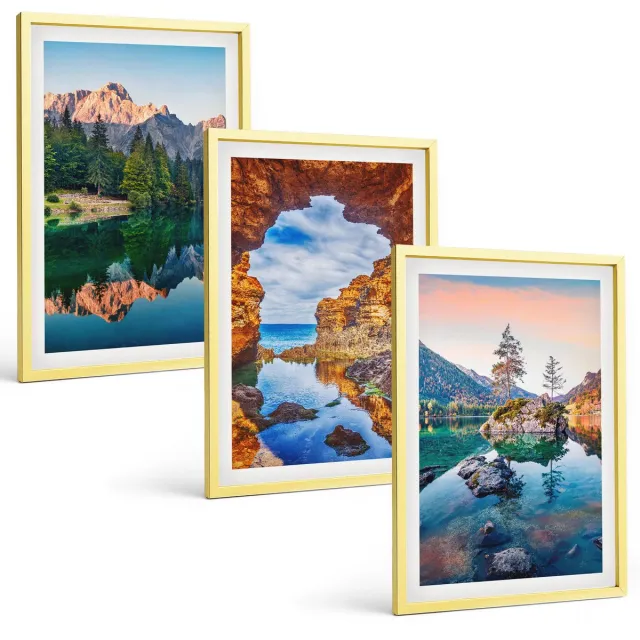 TULUP 4-Delige Schilderij Set - Bergmeren met weerspiegelingen in het water en de rotsen. - 40 x 60 cm - Wanddecoratie - Muurdecoratie - Moderne Interieurdecoratie - Stijlvolle Muurdecoratie Gouden lijst