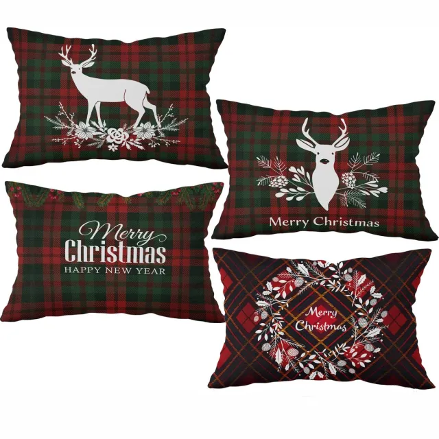 De Groen Home Velvet Kussenhoes set van 4 - 30x50 - Merry Christmas Kerst - Aan beide zijdig bedrukt Donkerrood