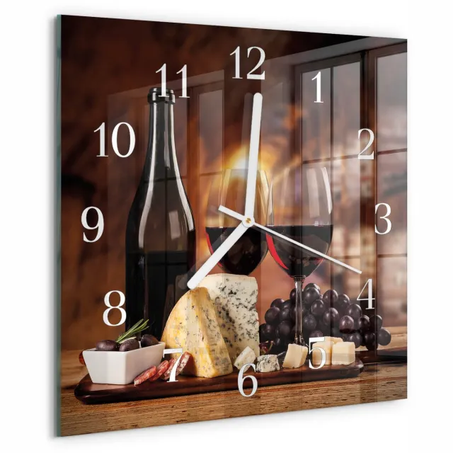 TULUP Wandklok - Wijn Gekleurde Glazen Klok - 30x30 cm - Bruin Glazen Klok Met Print - Witte Handen - Vierkante Wandklok - Klok Glas Met Opdruk - Moderne Wandklok Glas Bruin - Wijn