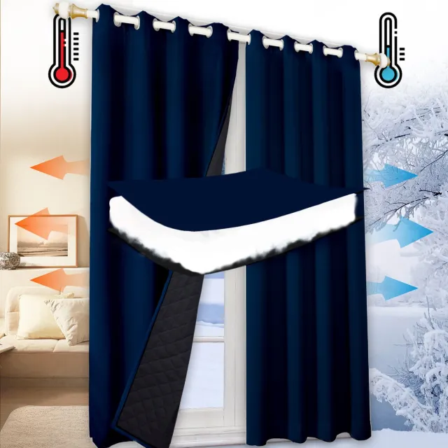 Qelus 100% Opaque Warmte-Koud Isolerend Gordijn met Ringen - Blokkeert Geluid - 1 stuk Verduisteringsgordijnen voor Woonkamer & Slaapkamer - 132x244cm - Voor Winter & Zomer - Gratis Bindband - Marineblauw