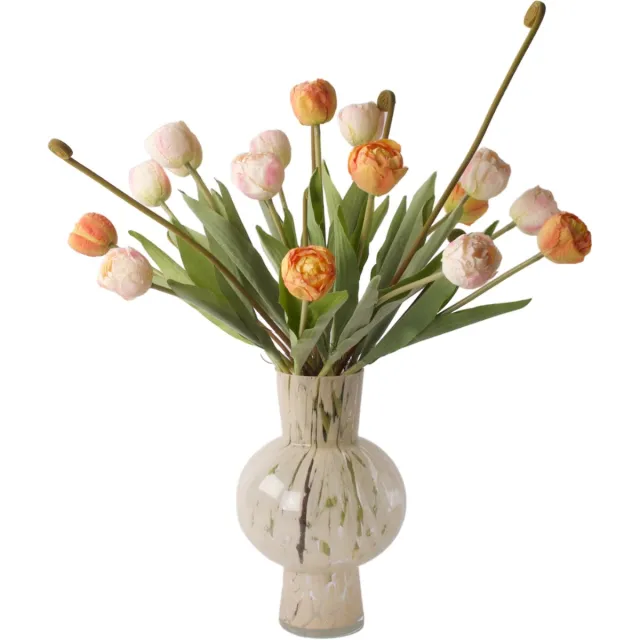 Winq Roze en Oranje Tulpen met groen- Boeket kunst Tulpen 42cm -14 tulpen - Kunstbloemen - zijden bloemen - Exclusief glasvaas