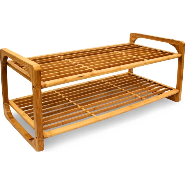Relaxdays schoenenrek bamboe - 2 laags - 33 x 75 x 33 cm - voor 6 paar - stapelbaar lichtbruin