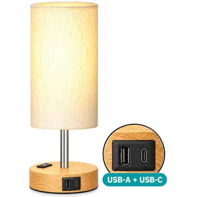 Gadgetplace Nachtlamp met Oplaadpoorten – Dimbare Tafellamp met Kap – Sfeerverlichting voor Slaapkamer en Woonkamer – Bedlamp Bruin