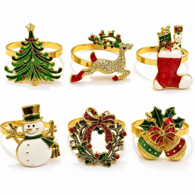HisKes Set van 6 servetringen in de vorm van een kerstkrans – metalen servetringen voor stoffen servetten – tafeldecoratie voor het kerstdiner en kerstfeest Goud, rood, groen, wit
