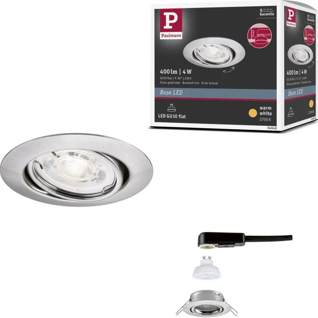 Paulmann LED-inbouwlamp Base GU10 Flat draaibaar 4W 400lm 230V 2700K Staal geborsteld