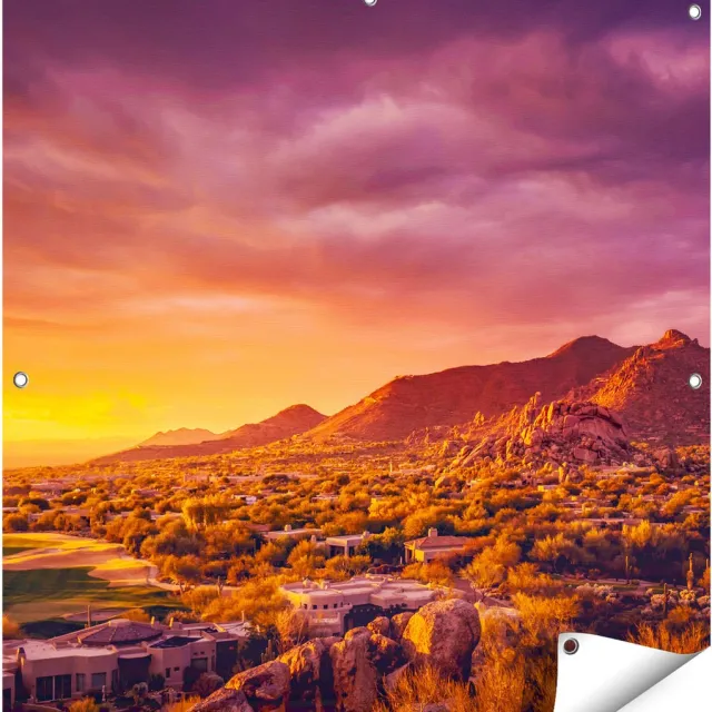 Gards Tuinposter Woestijn Landschap met Zonsondergang - 90x90 cm - Tuindoek - Tuindecoratie - Wanddecoratie buiten - Tuinschilderij Multikleur