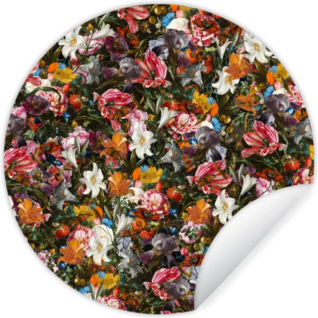 WallCircle Behangcirkel 50x50 cm - Muurstickers Bloemen - Vlinder - Design - Kunst - Abstract - Schilderij - Oude meesters - Muurcirkel woonkamer - Wandcirkel slaapkamer - Kamer decoratie zelfklevend - Muurdecoratie accessoires Vaas met bladeren