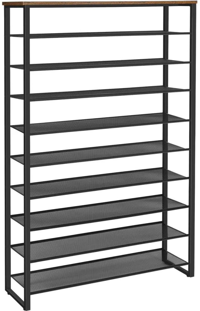 Famanu Schoenenrek met 10 niveaus, 100 cm hoog, voor 40-50 paar schoenen, ruimtebesparend, voor hal en woonkamer, vintage bruin-zwart
