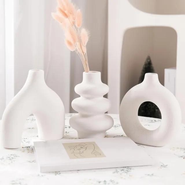 Famanu Set van 3 witte keramische vazen, moderne Boheemse decoratie, ronde vazen voor bruiloften, woonkamers, slaapkamers en salontafels