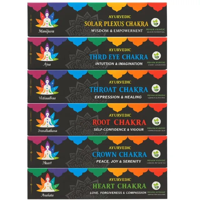 Luxe Spirituele Ontdek de Ayurvedische Chakra Wierook Set: 6 Unieke Geuren voor Balans en Energie Ideaal voor Meditatie, Yoga en Spirituele Groei Authentieke Aroma's, Wijsheid, Intuïtie, Expressie en Zelfvertrouwen met Kajal Sticker bruin
