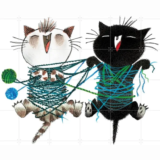 IXXI Pim & Pom spelen met wol, Fiep Westendorp - 120 x 120 cm - Grote wanddecoratie en posters - Speels, Illustraties, Cartoonesk, Fantasierijk Blauw