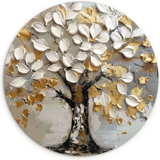 WallCircle Wandcirkel 120x120 cm - Muurcirkel Boom - Abstract - Verf look - Levensboom - Natuur - Modern - Muurdecoratie woonkamer - Wanddecoratie slaapkamer - Kamer decoratie accessoires - Ronde schilderijen - Woonaccessoires binnen Beige