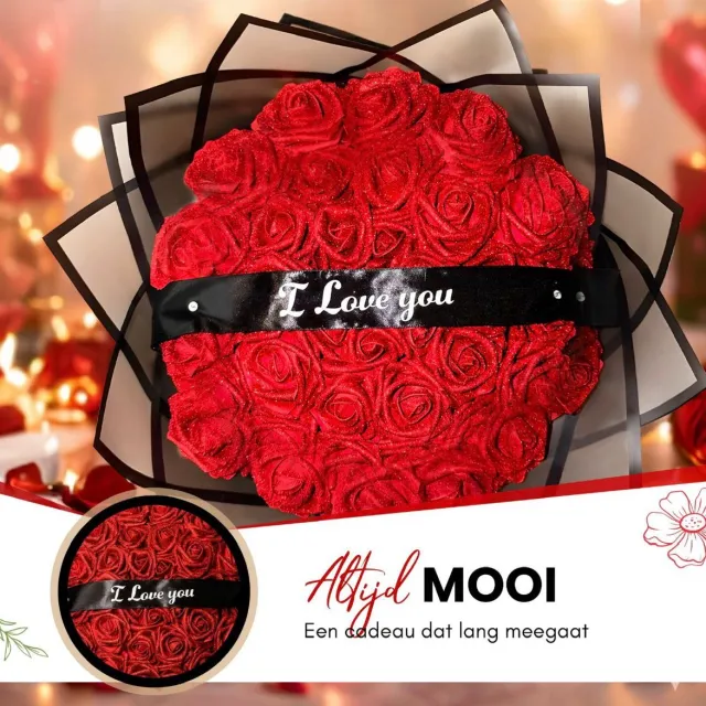 Patels And Presents Kunstrozen boeket rood – 20 stuks – met lint – Tekst: I love you - cadeau