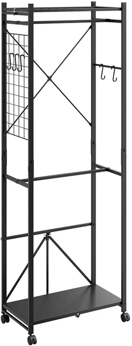 SoBuy Kledingrek op wieltjes - Kledingrek metaal met hangstang en draadnetvak - Kledingrek zwart met 2 legplanken - Compact en mobiel | KLS21-SCH