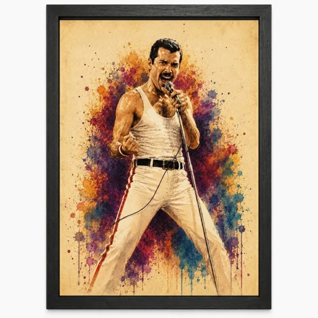 Joshimo Freddie Mercury Poster | Queen Watercolor Art Print | Legendarische Rockmuziek | Inclusief Zwarte A4