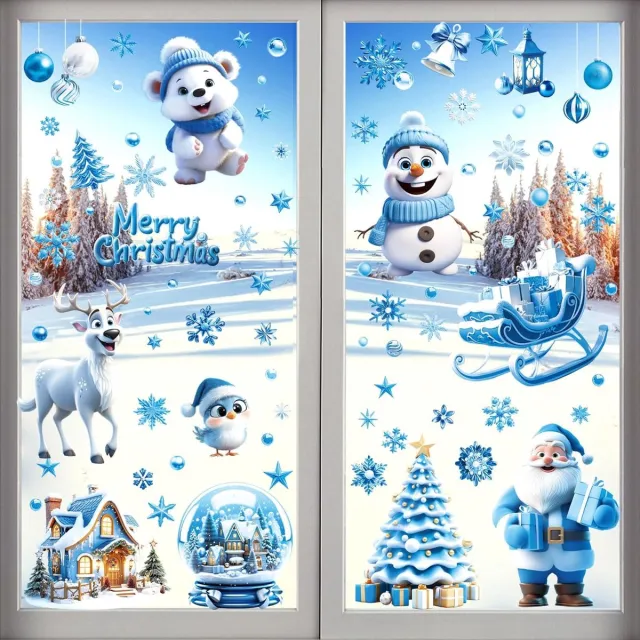 ZVD Herbruikbare Kerst Raamstickers Met Sneeuwpop Kerstman En Rendier - Dubbelzijdige Raamdecoratie Voor Kerstfeesten - Feestelijke Winter Versiering blauw