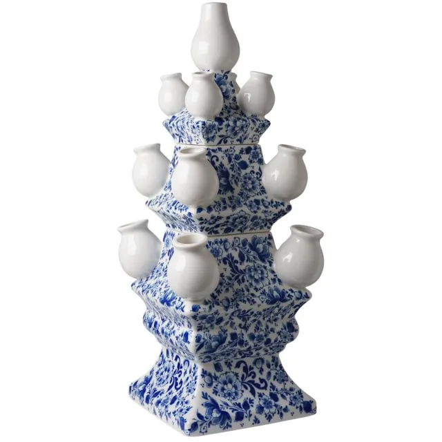 Heinen Delfts Blauw Tulpenvaas XL - 3-delig - Sierlijke bloem - Keramiek - 51 cm Delfts blauw